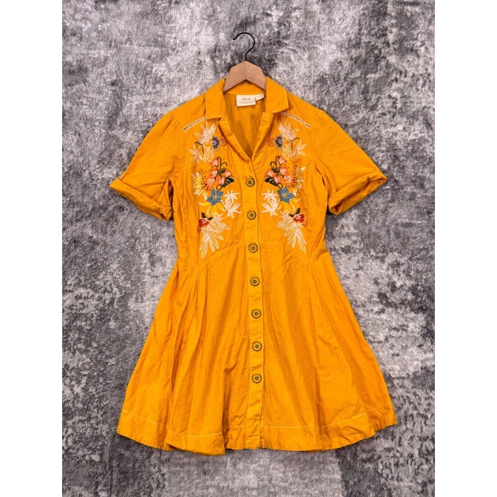 Anthropologie Maeve Dress Womens Yellow Gold Collared Embroidered 8P Petite